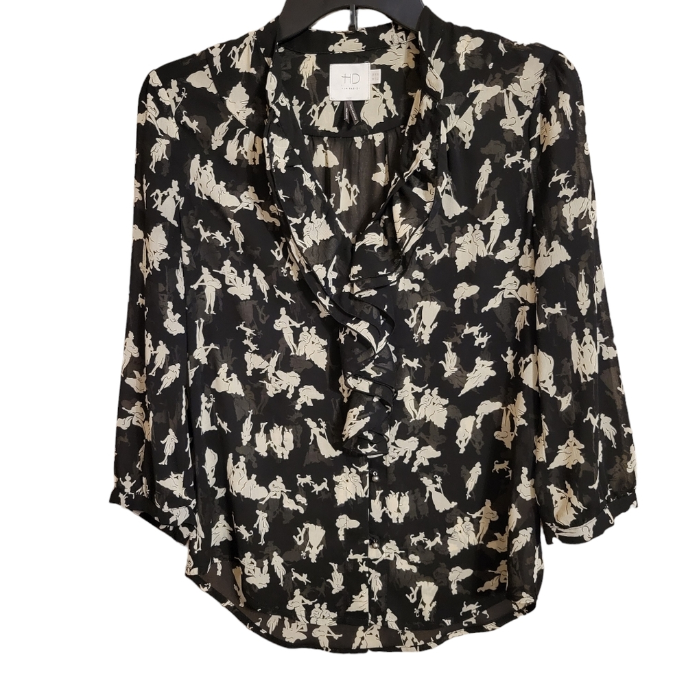 HD In Paris Anthro Black Sheer Victorian Print Ruffle Blouse